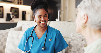 Buy stock photo Retirement, old woman or nurse on sofa with consultation, guidance or aid in treatment review. Healthcare, support or caregiver in home for checkup, wellness advice or medical service in elderly care