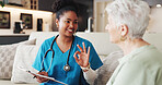 Clipboard, explain or hand gesture with nurse and old woman on sofa in home living room for healthcare. Advice, checklist or smile with caregiver and senior patient in apartment for medical feedback