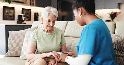 Buy stock photo Nurse, old woman and oximeter in home for test, lung wellness and healthcare in retirement. Caregiver, senior person and blood oxygen exam for pulse, pulmonary checkup and smile for medical results