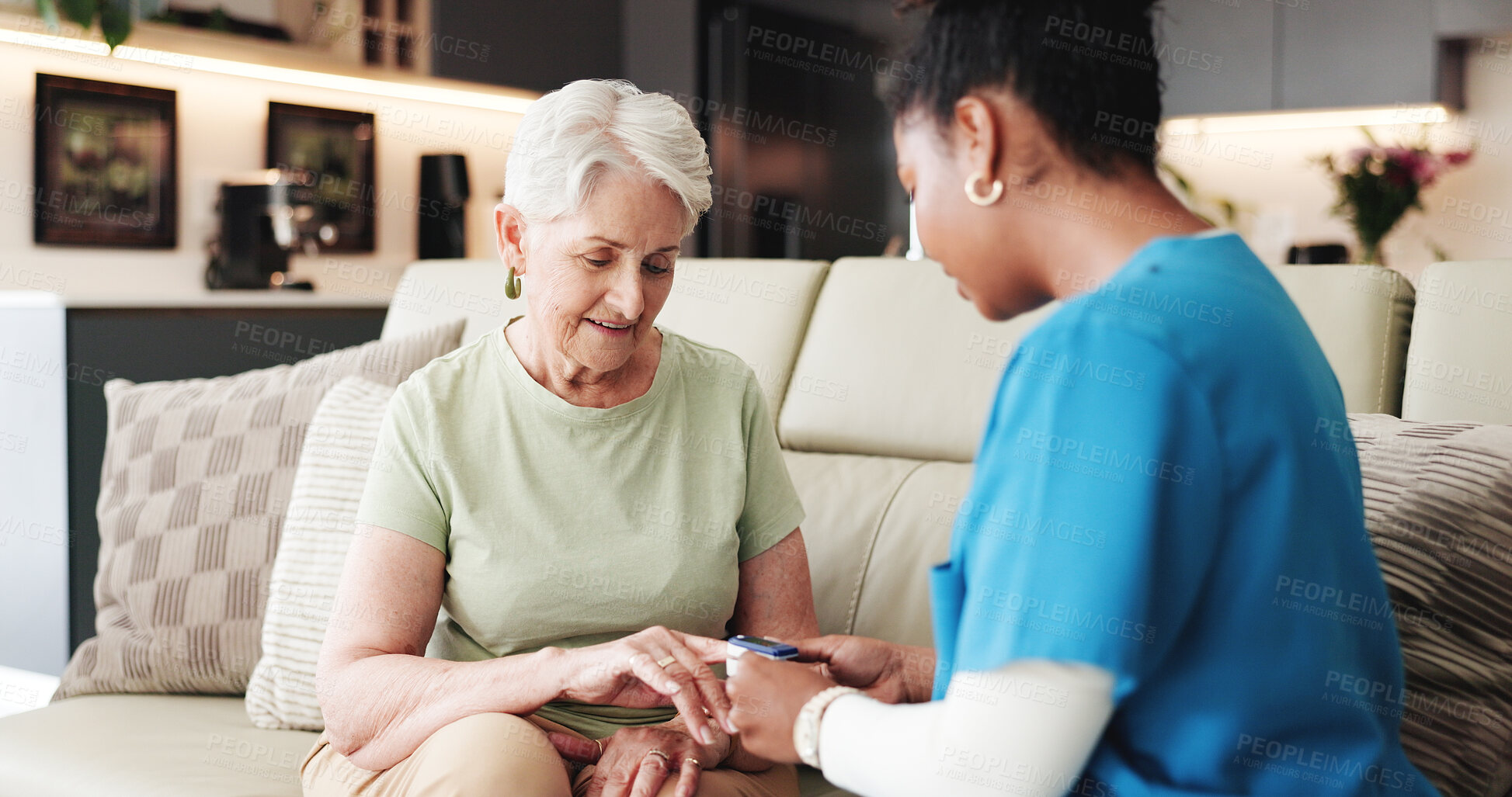 Buy stock photo Nurse, old woman and oximeter in home for test, lung wellness and healthcare in retirement. Caregiver, senior person and blood oxygen exam for pulse, pulmonary checkup and smile for medical results