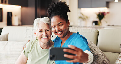 Buy stock photo Hug, selfie or support with nurse and old woman on sofa in living room of home together for memories. App, medical or photograph with caregiver and senior patient embracing in apartment for visit