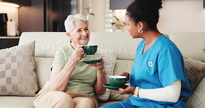 Buy stock photo Coffee, healthcare or relax with nurse and old woman on sofa in living room of home together. Caffeine, conversation or visit with medical caregiver and senior patient drinking beverage in apartment