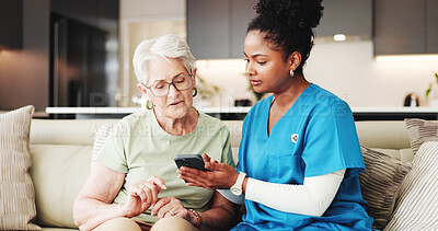 Buy stock photo Caregiver, help or old person on sofa with phone, guidance or learning on wellness app. Digital, advice or elderly  woman in house with support, teaching or technology assistance on telehealth site