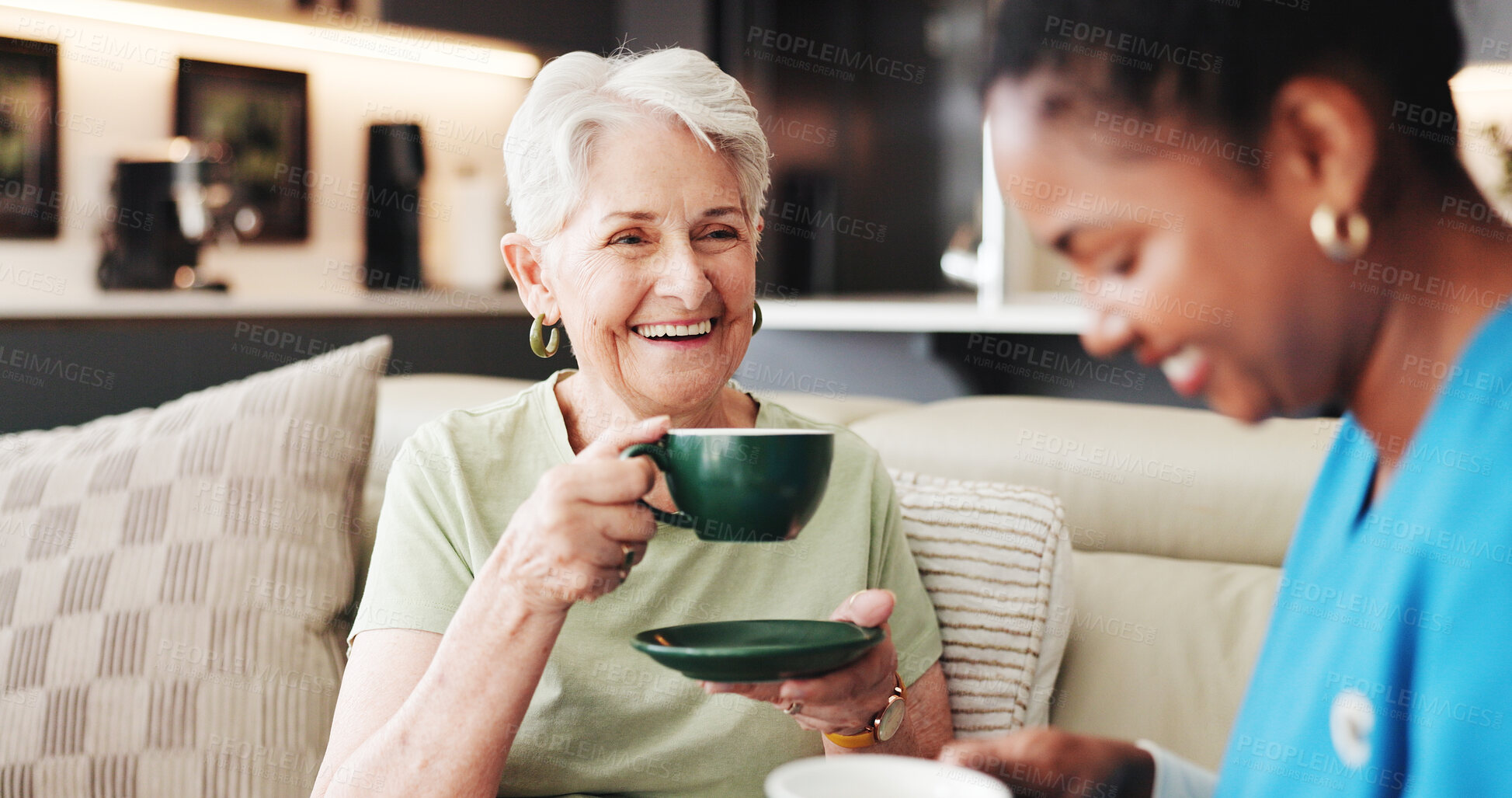 Buy stock photo Coffee, healthcare or laughing with nurse and old woman on sofa in living room of home together. Caffeine, funny or medical with happy caregiver and senior patient drinking beverage in apartment