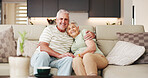 Love, smile and portrait with old couple on sofa for bonding retirement and connection. Support, happiness and marriage partner with senior man and woman in living room of home for commitment