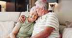 Love, smile and forehead kiss with old couple on sofa for bonding retirement and connection. Support, happiness and marriage partner with elderly man and woman in home for commitment and trust