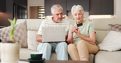 Buy stock photo Credit card, ecommerce and laptop with old couple on sofa in living room of home together. Computer, online shopping and payment checkout with senior people in apartment for purchase or transaction