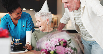 Buy stock photo Senior couple, nurse and birthday with flowers for anniversary in retirement home together. Elderly, man and woman with caregiver, cake or floral bouquet for love, romance or celebration in house