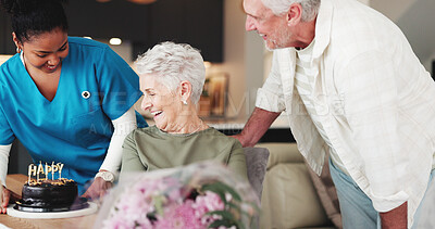 Buy stock photo Senior couple, caregiver and birthday with flowers for anniversary in retirement home together. Elderly, man and woman with nurse, cake or floral bouquet for love, romance or celebration in house