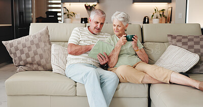 Buy stock photo Coffee, relax and tablet with old couple on sofa in living room of home together for streaming. App, conversation and break with happy senior people drinking beverage in apartment for entertainment 