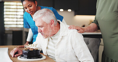 Buy stock photo Senior man, caregiver and birthday with cake for anniversary in retirement home together. Elderly, male person and woman with nurse or blowing candles for love, romance or celebration in house