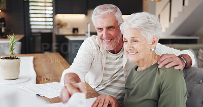 Buy stock photo Senior, happy couple and documents with handshake for retirement annuity or advice in home. Elderly, man and woman shaking hands with financial advisor for pension fund or asset management in house