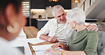 Paperwork, senior couple or support with agent for real estate, property purchase or contract discussion. Consultant, retirement planning or old people with care for investment, conversation and home