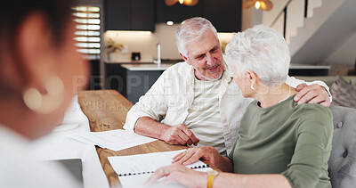 Buy stock photo Paperwork, senior couple or support with agent for real estate, property purchase or contract discussion. Consultant, retirement planning or old people with care for investment, conversation and home