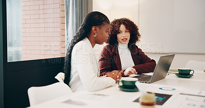Buy stock photo Laptop, sales team and women with conversation, documents and teamwork with planning. Employees, coworking and consultant in office, pc and discussion with ideas for social media campaign or talking