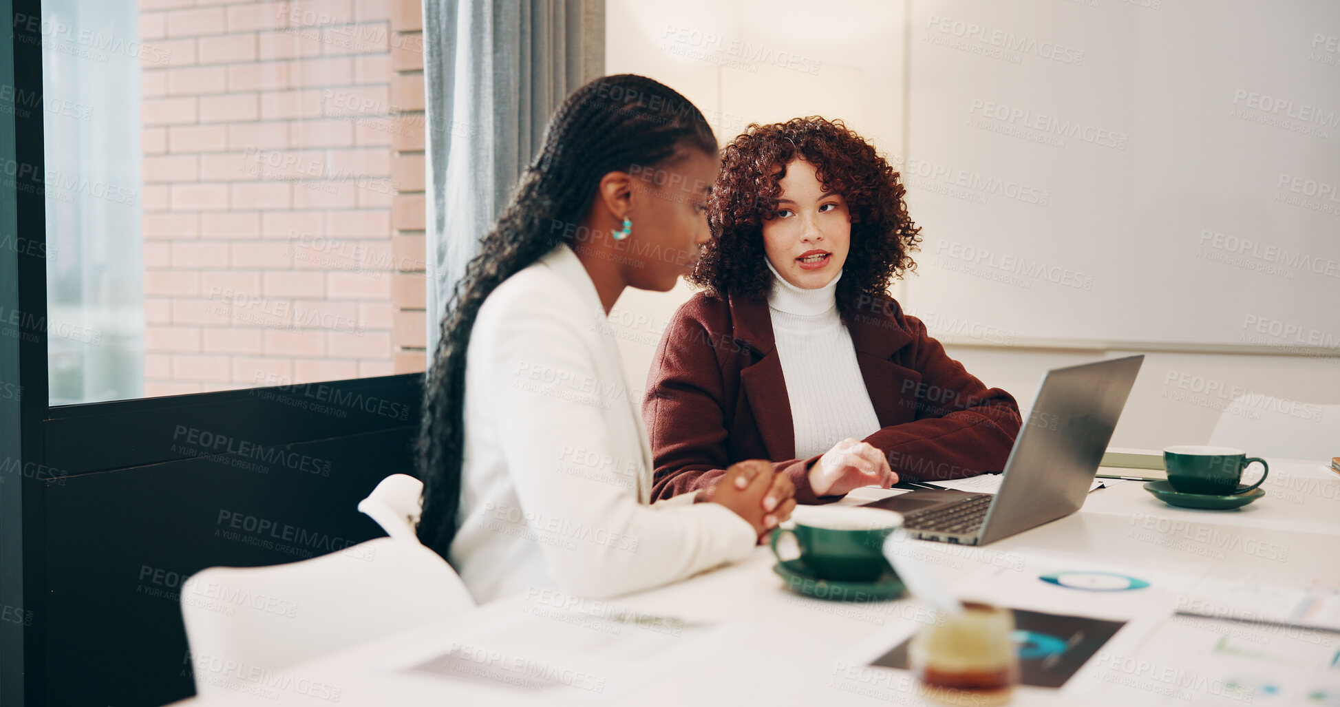 Buy stock photo Laptop, sales team and women with conversation, documents and teamwork with planning. Employees, coworking and consultant in office, pc and discussion with ideas for social media campaign or talking