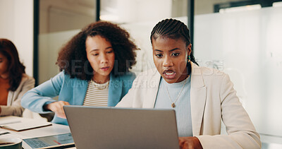 Buy stock photo Laptop, sales team and women with discussion, internet and teamwork with planning. Employees, coworking and consultant in office, pc and brainstorming with ideas for social media campaign or email