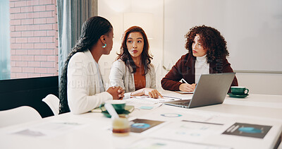 Buy stock photo Laptop, meeting or women with document for review, monitor investment return or charts for income info. Budget planning, pc or advisory team with performance report, track revenue or project profit