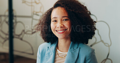 Buy stock photo Media agency, portrait and woman in office, smile and copywriting with career ambition. Employee, person and journalist in workplace, happiness and pride with creative project and calm with editor