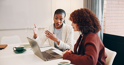 Buy stock photo Laptop, discussion or women with meeting for review, monitor investment return or income project info. Budget planning, pc or advisory team with performance report, track revenue or communication