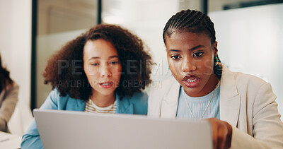 Buy stock photo Laptop, sales team and women with conversation, internet and teamwork with planning. Online reading, coworking and consultant in office, pc and discussion with ideas for social media campaign or talk