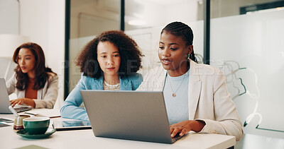 Buy stock photo Laptop, conversation or women with meeting for review, monitor investment return or track project revenue. Budget planning, tech or advisory team with performance report, finance info or discussion