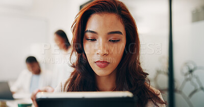 Buy stock photo Tablet, professional and businesswoman in office with research for finance report with budget. Technology, reading and female financial advisor with investment proposal for client in workplace.