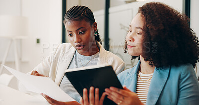 Buy stock photo Documents, meeting and tablet with business women in office together for feedback or review. App, conversation and paperwork with employee people in workplace for discussion, planning or research