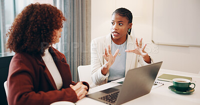 Buy stock photo Meeting, business and woman talk in office for planning, headline ideas and editor feedback. People, explain and laptop for team brainstorming, magazine column and discussion for article publication