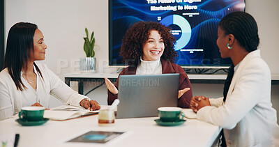 Buy stock photo Happy, women and team with laptop, meeting and plan for ad campaign with research, chart and online. Colleagues, talk and people with tech for digital marketing, screen and collaboration for project