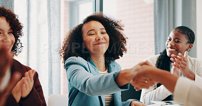 Buy stock photo Woman, shaking hands and applause at meeting, startup and congratulations for deal at media company. Person, excited and handshake for success, celebration or goal with achievement at creative agency