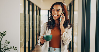 Buy stock photo Phone call, coffee and happy with business woman in office for communication, schedule and planning. Connection, herbal drink and networking with person in creative agency for discussion and chat