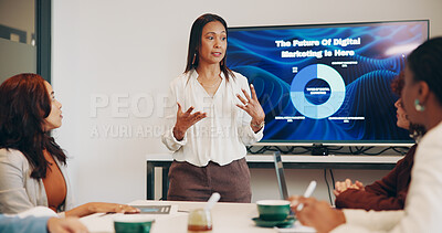 Buy stock photo Woman, presentation and screen at startup, office meeting and discussion at digital marketing company. Person, speaker and leader with monitor, explain or agenda for future with team at agency