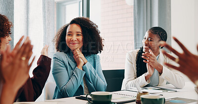 Buy stock photo Woman, celebration and applause with startup team, goals or congratulations at company. Person, thanks and motivation at meeting for success, happy or excited for achievement at creative agency
