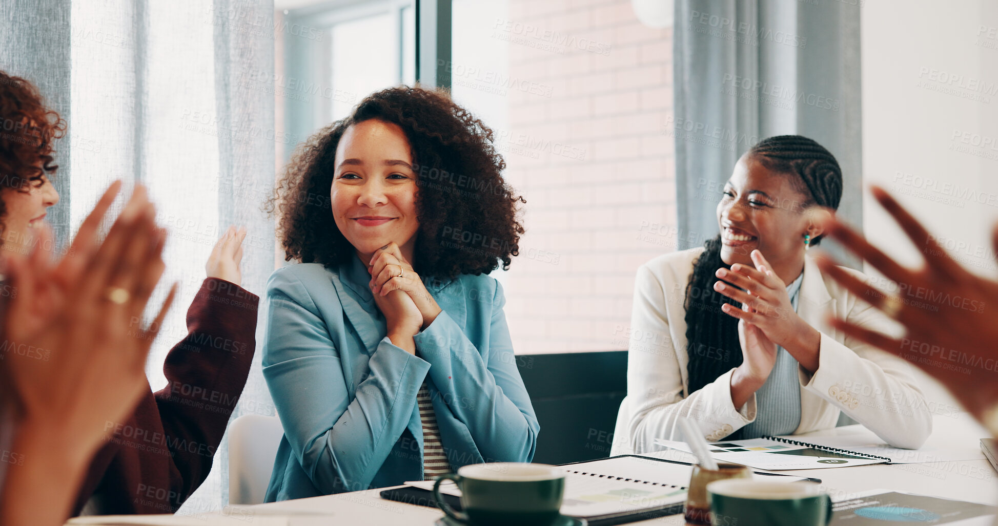 Buy stock photo Woman, celebration and applause with startup team, goals or congratulations at company. Person, thanks and motivation at meeting for success, happy or excited for achievement at creative agency