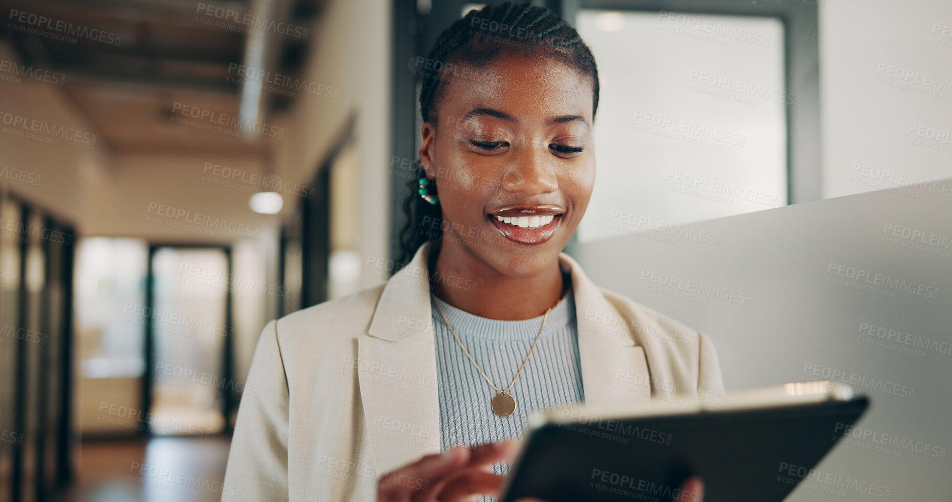 Buy stock photo Tablet, professional and black woman in office with research for finance report with budget. Technology, reading and African female financial advisor with investment proposal for client in workplace.