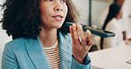 Media agency, phone call and woman in workplace, loudspeaker and contact with online interview. Person, communication or journalist in office, smartphone and conversation with questions or connection