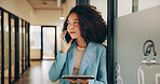 Thinking, business and woman with phone call in lobby for discussion, contact editor and feedback. Reflection, person and tablet with mobile chat for schedule update, news reporting and publication
