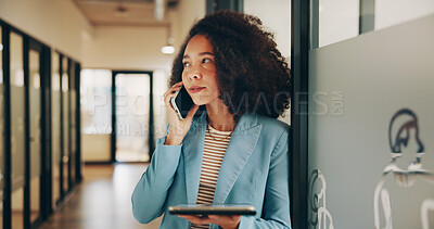 Buy stock photo Thinking, business and woman with phone call in lobby for discussion, contact editor and feedback. Reflection, person and tablet with mobile chat for schedule update, news reporting and publication