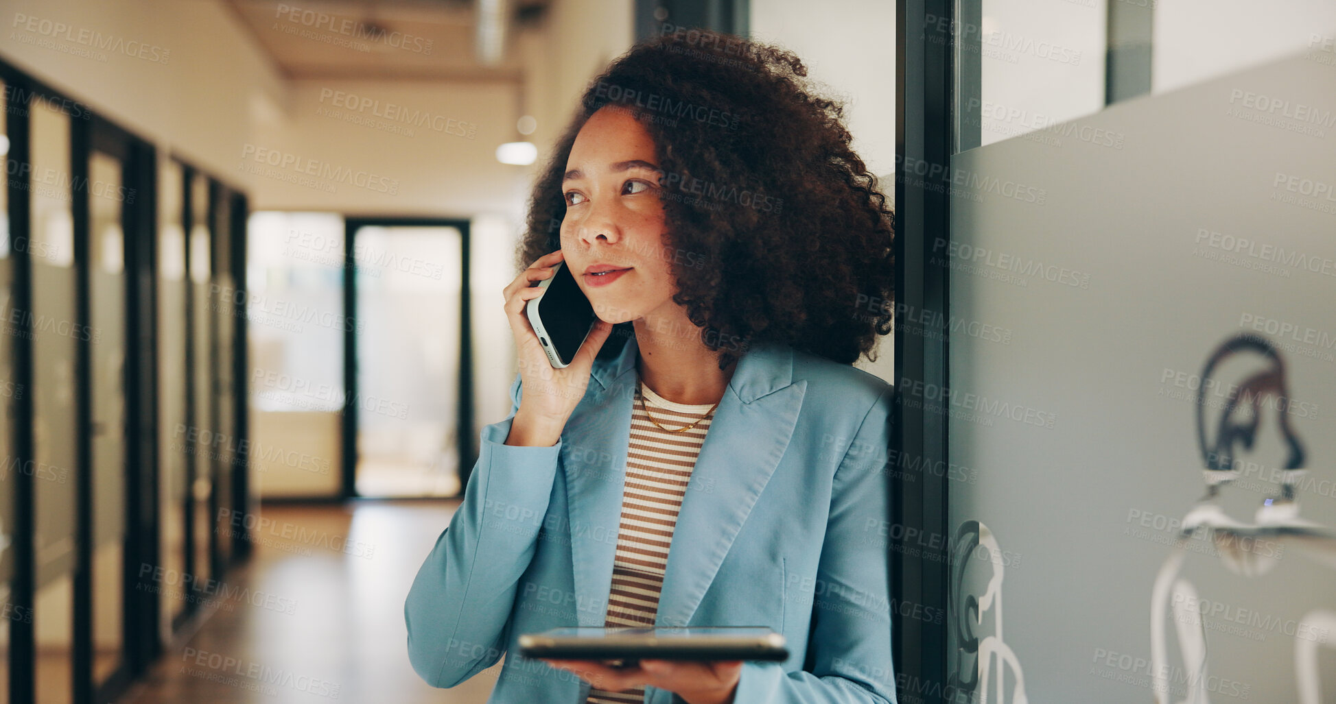 Buy stock photo Thinking, business and woman with phone call in lobby for discussion, contact editor and feedback. Reflection, person and tablet with mobile chat for schedule update, news reporting and publication