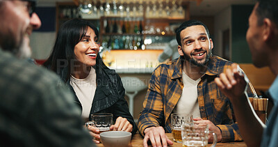 Buy stock photo Conversation, drinks and friends in pub for party, celebration or event together at restaurant. Happy, talking and group of people with alcohol beverages with hangout, reunion or bonding at bar.