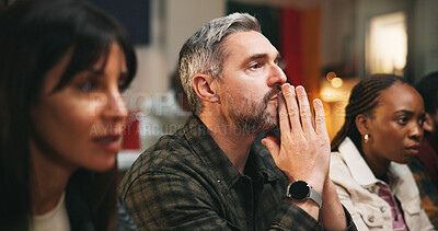 Buy stock photo Stress, pub and people watching game with online championship for entertainment together. Broadcast, sports and group of friends with live streaming football match with anxiety for tournament in bar.