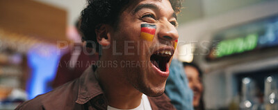 Buy stock photo Pub, watch or man shouting for game, world cup tournament or soccer fan with online broadcast. Supporter, football match or excited person yelling with flag of Germany, live streaming or sports bar