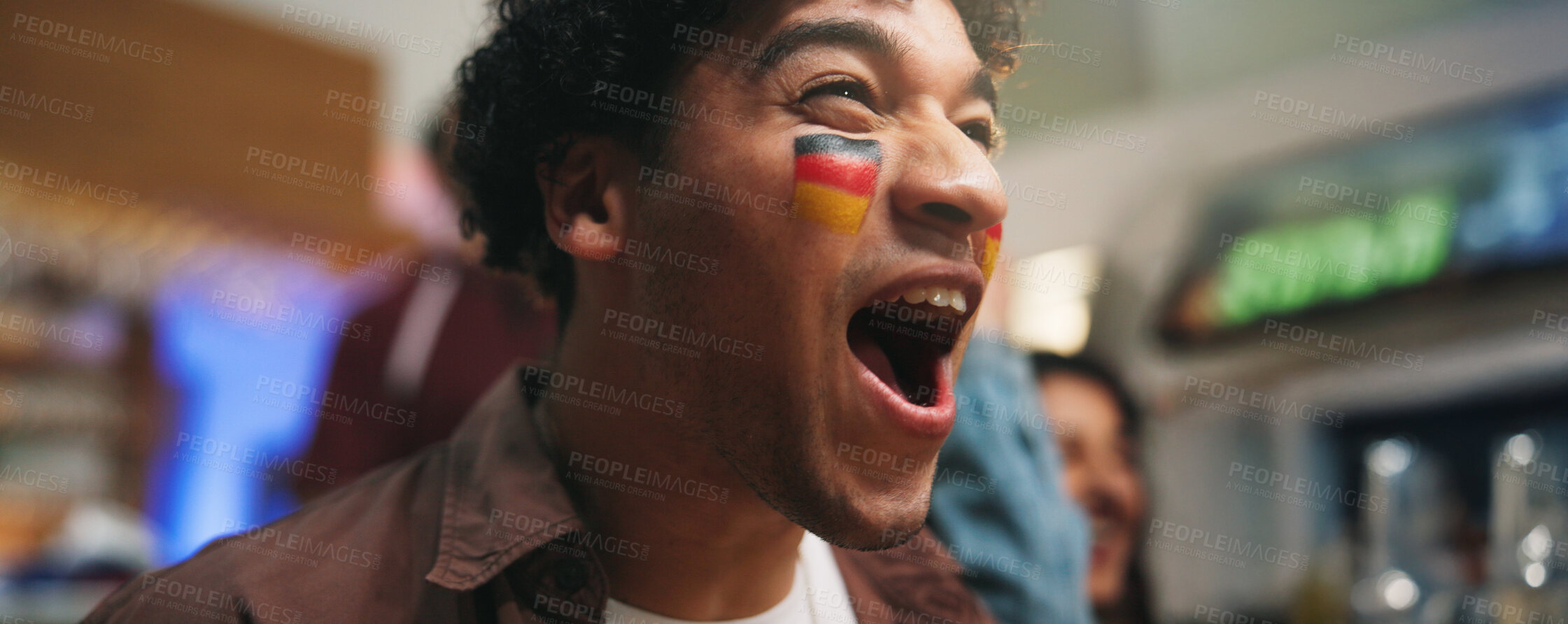 Buy stock photo Pub, watch or man shouting for game, world cup tournament or soccer fan with online broadcast. Supporter, football match or excited person yelling with flag of Germany, live streaming or sports bar