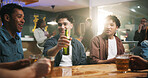 Smile, man and friends with alcohol at bar for reunion, connection and weekend break. Group, people and cheers with beverage for social gathering, happy hour and bonding together of nightlife culture