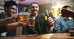 Smile, people and cheers with alcohol at bar for sports match, football competition and reunion. Friends, toast and beer for social gathering, world cup tournament and happy hour for bonding together