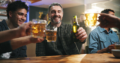 Buy stock photo Smile, people and cheers with alcohol at bar for sports match, football competition and reunion. Friends, toast and beer for social gathering, world cup tournament and happy hour for bonding together
