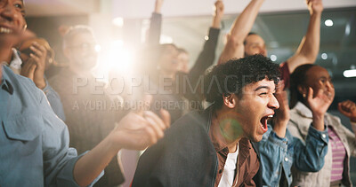 Buy stock photo Fans, man and shouting with celebration in pub for match goal, team victory or entertainment. Flare, game supporters or cheering in sports bar for soccer tournament, live broadcast or competition win