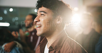 Buy stock photo Match, watching and man in pub with crowd, excitement or announcement in soccer tournament. Support, flare and football fan in restaurant with waiting, score lead or social gathering in viewing party