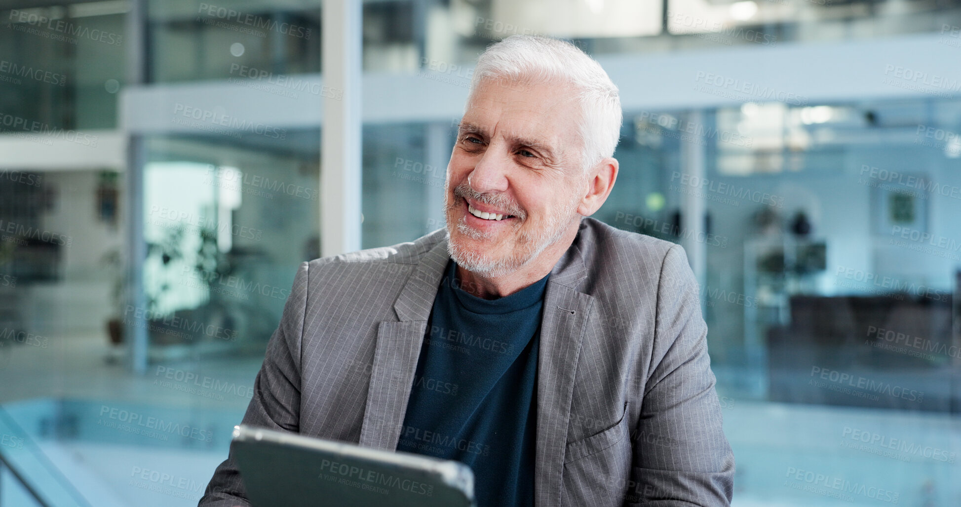 Buy stock photo Happy, man and thinking in office with tablet for financial report, business growth and development. Mature person, smile and reflection with tech for finance goals, company improvement or good news.